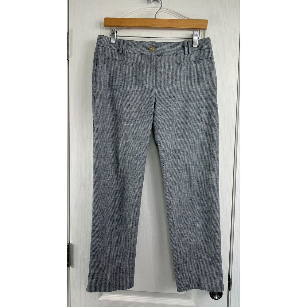 Ann Taylor Cropped Linen Cotton Blend Pants Bluish Gray White Stripe Women's 0